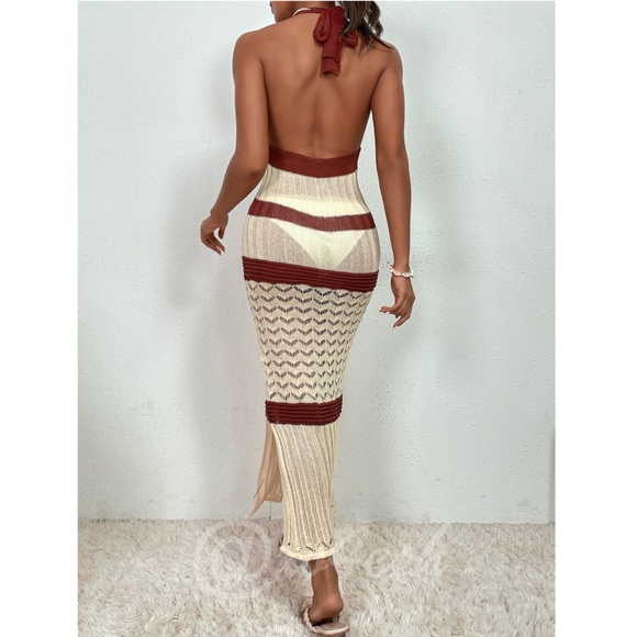Long Beach Coverup Dress Beige and Brown Stripes Backless V-Neck Halter - Picture 2 of 7